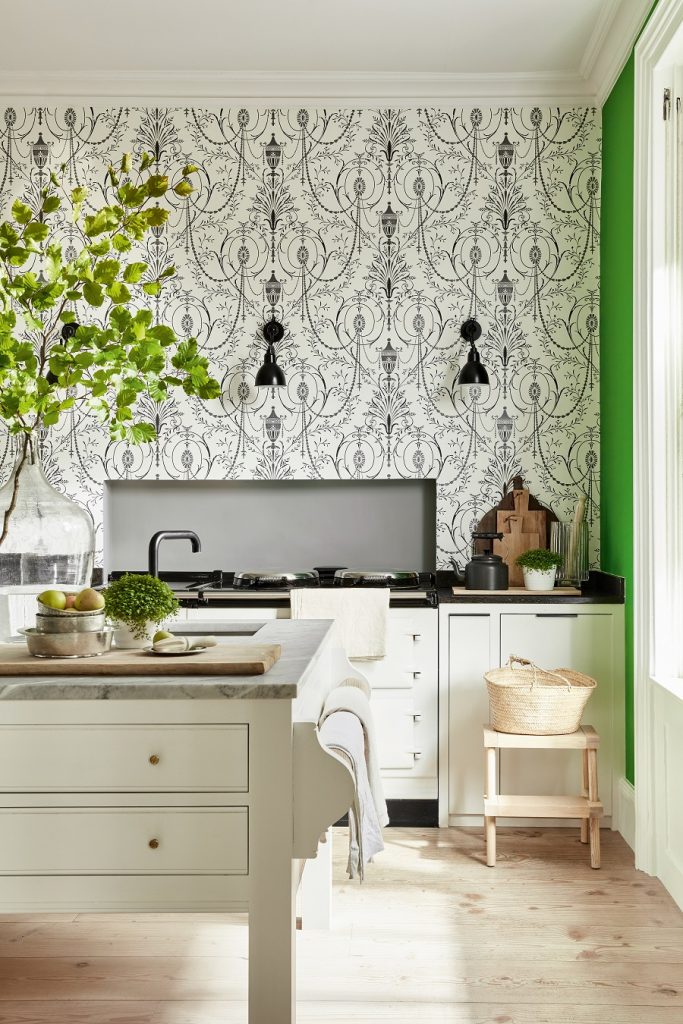 Wallpaper: Marlborough – Glacé. Wall Inset: Lead Colour 117. Units: Wood Ash 229. Right Wall: Sage and Onions 288. All Little Greene Paint Company.