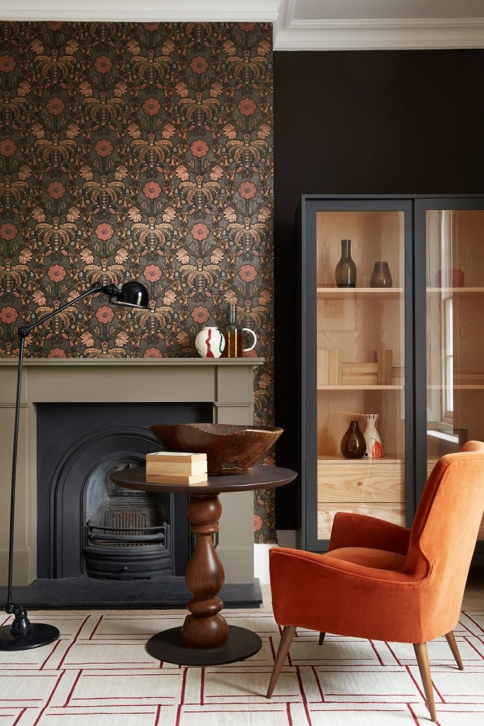   Wallpaper: New Bond Street – Hide. Wall: Chocolate Colour 124. Fireplace: True Taupe 240. All Little Greene Paint Company.