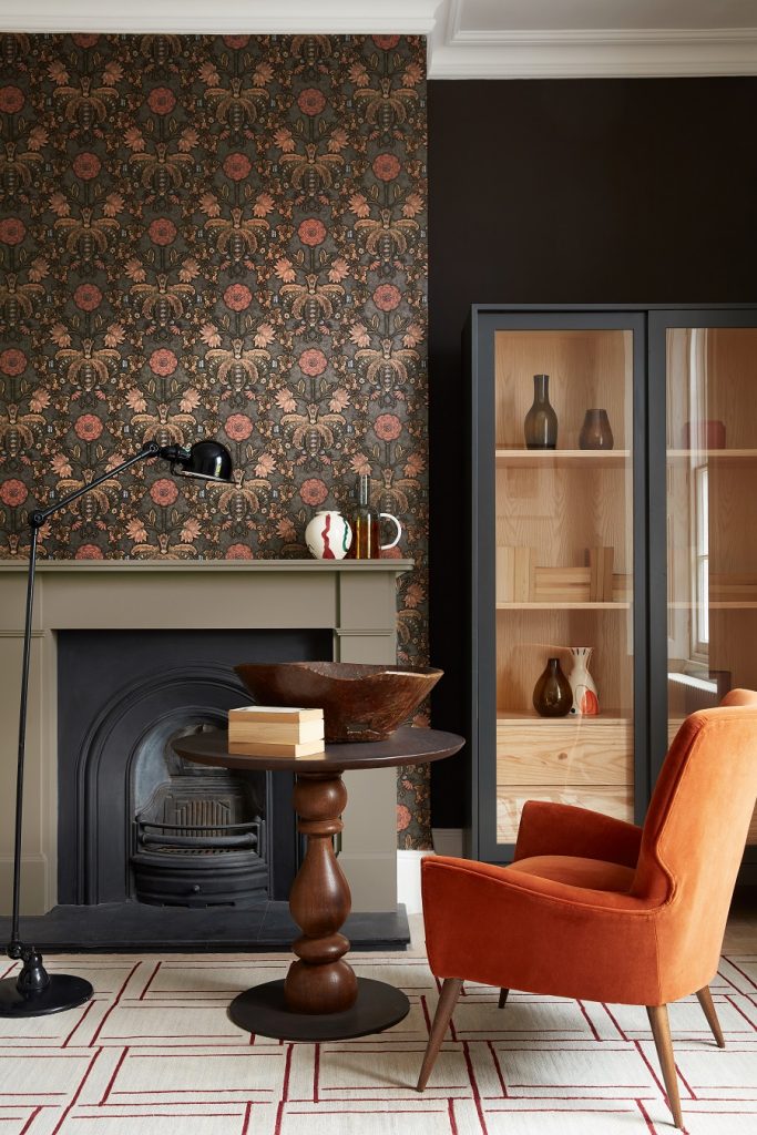Wallpaper: New Bond Street – Hide. Wall: Chocolate Colour 124. Fireplace: True Taupe 240. All Little Greene Paint Company.